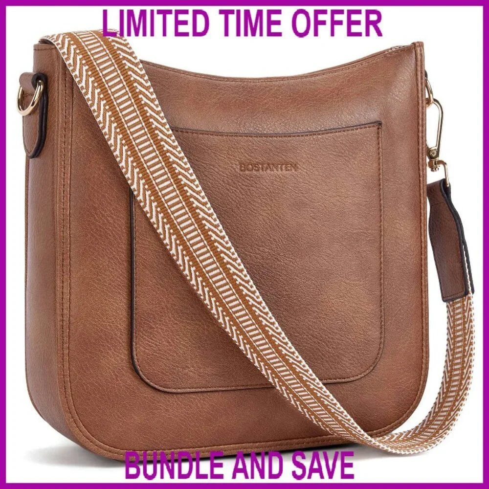 Vegan Leather Crossbody Bag Adjustable Guitar Strap Multi-Pocket Hobo Purse